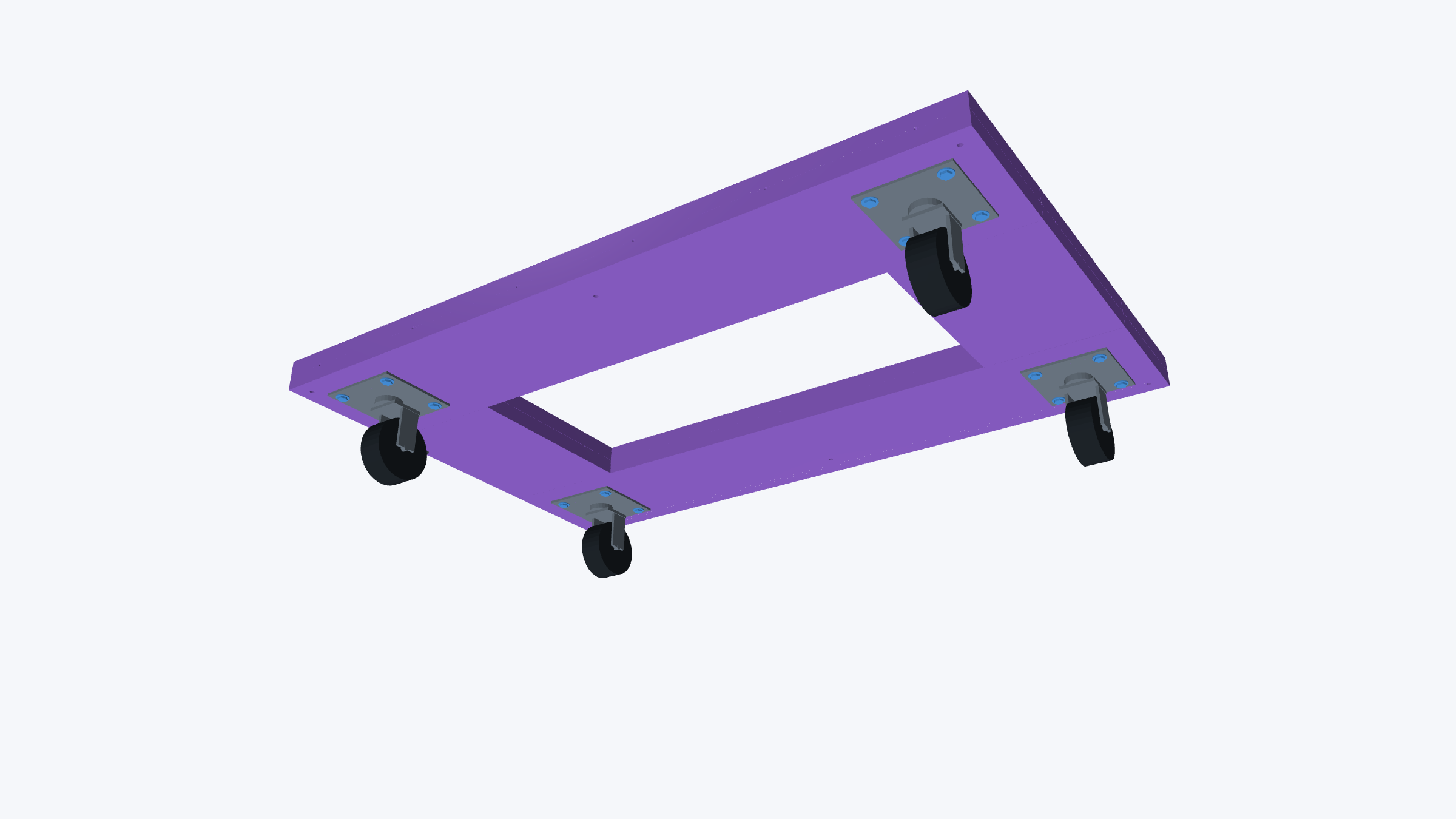 Coffee table: underside of the wide laminated caster frame. Actual frame and provisional caster geometry, isolated from the shell. Posts and wood fasteners omitted; not evidence of hardware fit or drilling validation.