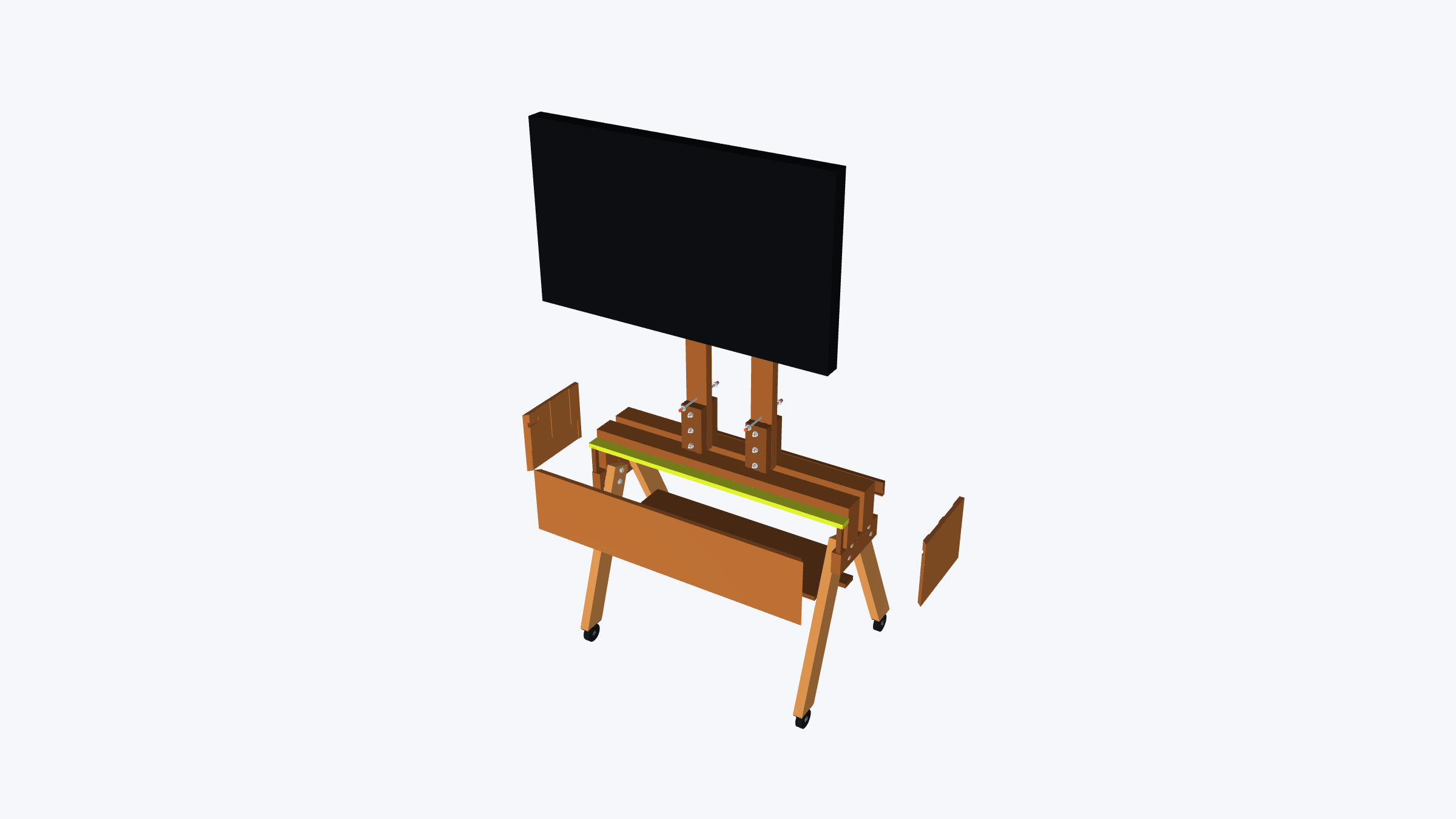 TV stand: shell, internal chassis and upright assembly revealed through an exploded CAD view. Presentation-only group translations, not an installation sequence.