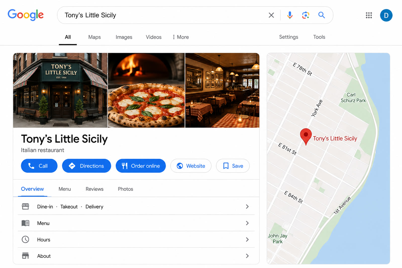 Illustrative recreation: local-answer actions for calling, directions and food ordering. Example restaurant.
