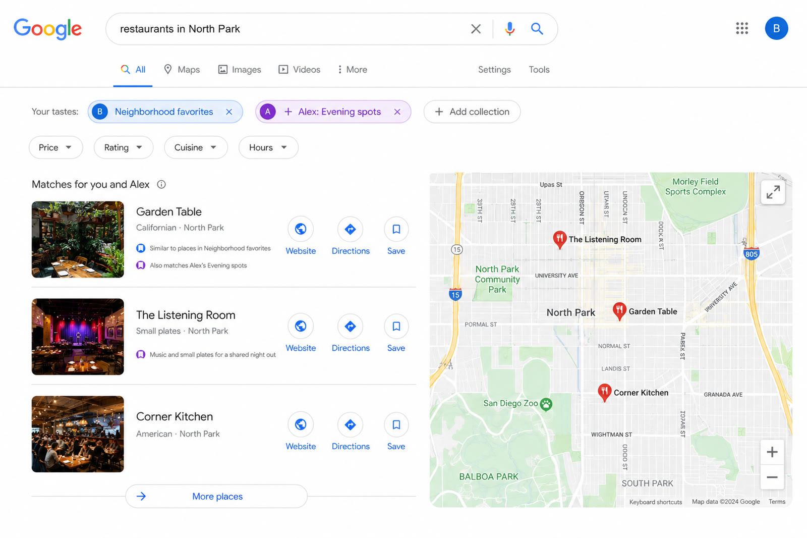 Illustrative recreation: using personal and shared taste signals in local discovery. Example profiles and explanations.