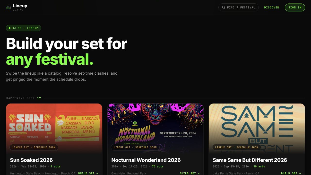 Lineup public homepage, captured September 4, 2026. Original browser screenshot, not a recreation.
