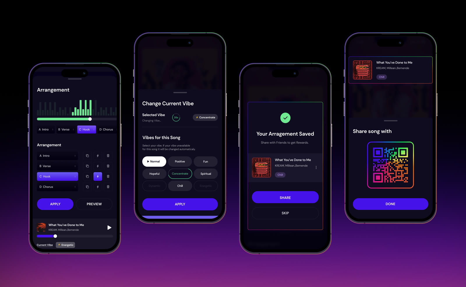 Recordless design presentation: arrangement editing, vibe selection, saving and sharing. Design credit: Victoria Samoilenko (Torry).