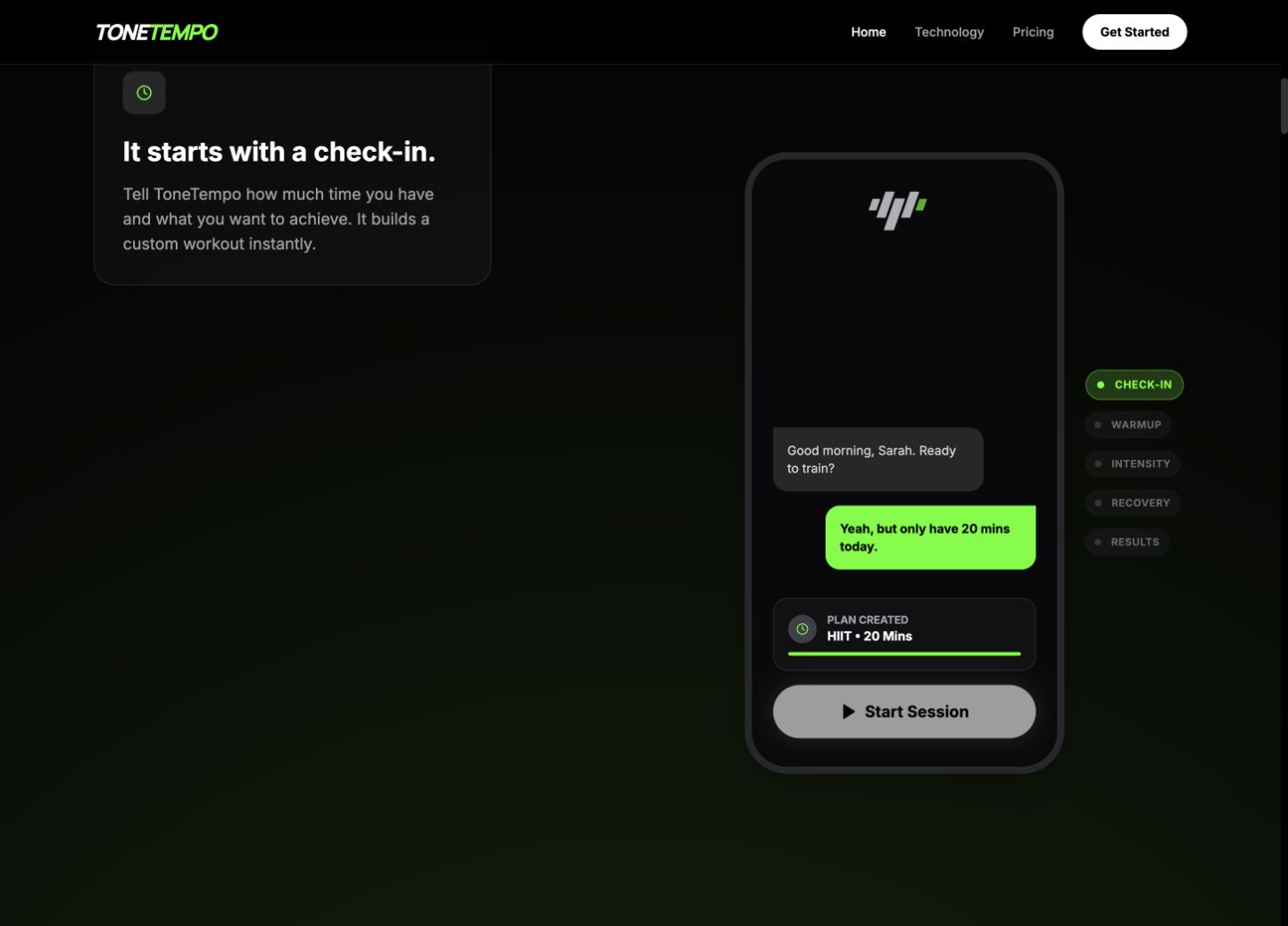 Homepage phone demonstration: conversational check-in and workout plan. Website demo, not a native-app capture.