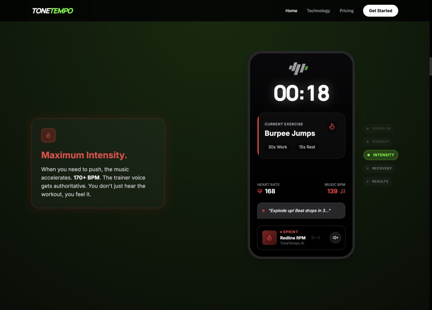 Homepage phone demonstration: workout timer, exercise, heart rate and music tempo.