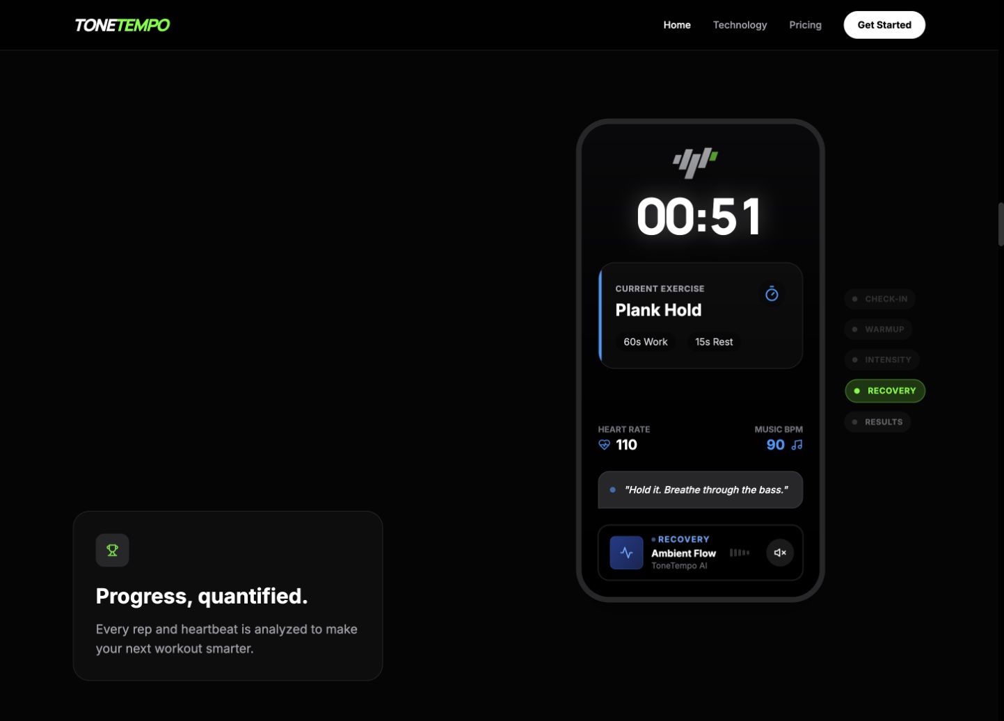 Homepage phone demonstration: recovery phase. Values shown belong to the public demonstration.