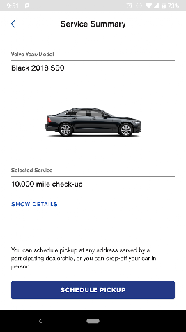 Service summary and pickup scheduling. Surviving Volvo Valet app-store screenshot; exact capture date unverified.