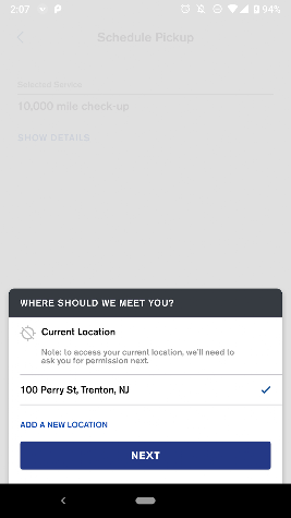 Pickup address selection. Surviving Volvo Valet app-store screenshot; exact capture date unverified.