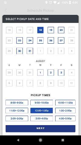 Pickup date and time selection. Surviving Volvo Valet app-store screenshot; exact capture date unverified.